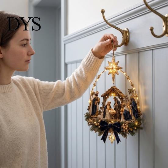 Christmas Star Gift for Family Lighted Nativity Door Swag, Bethlehem of Faith Wall Decor, Light-up Holy Hanging Decoration with Lights Front