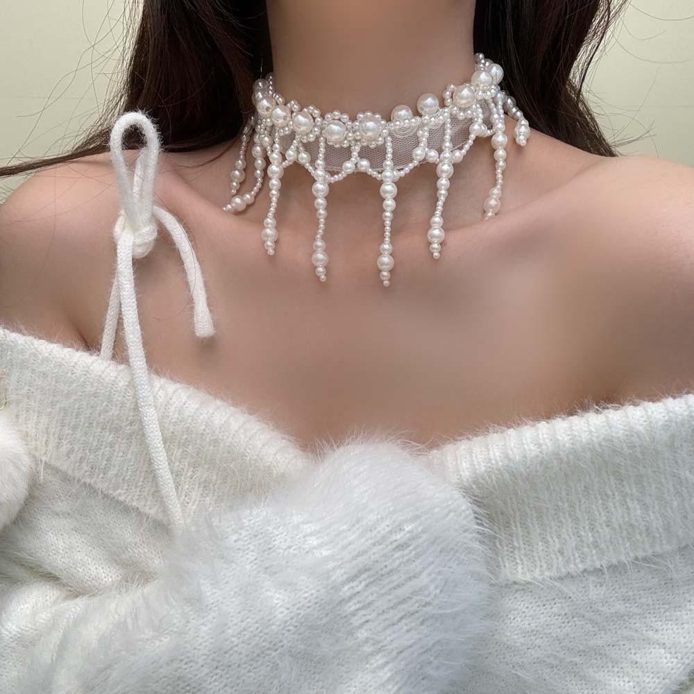 Zinc Zinc Alloy Tassel Beads Necklace Creative Mesh Neck Jewelry Adjustable Pearl Lace Choker  Wedding