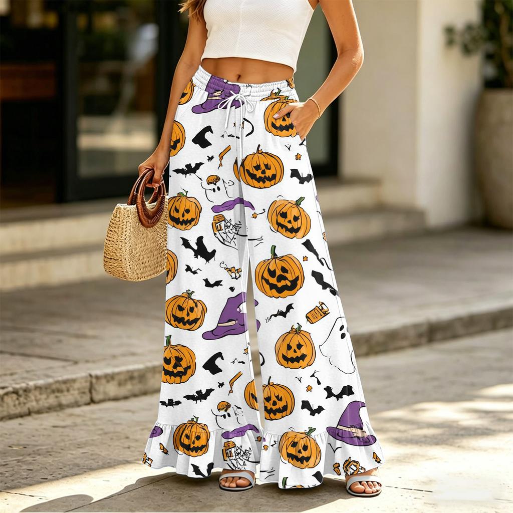 Women Wide Leg Pants with Pockets High Waist Drawstring Casual Loose Fit Halloween Print Long Trousers with Ruffle Hem