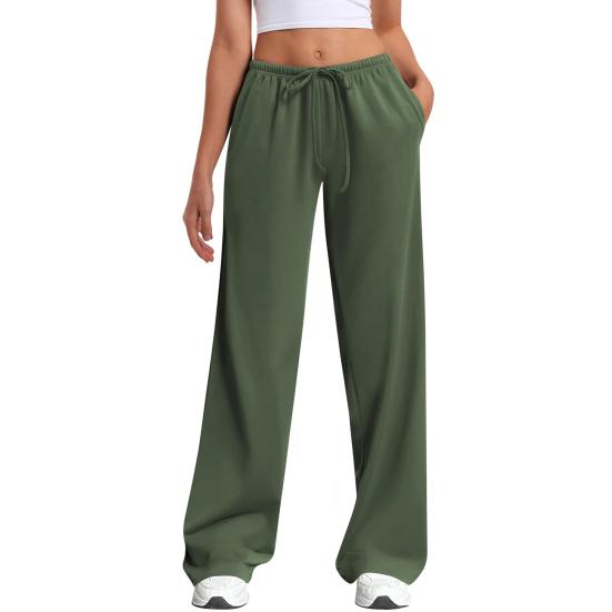 Women Pants Elastic High Waist Wide Leg Casual Trousers with Adjustable Drawstring Pockets Pure Color Loose Fit Long Pants