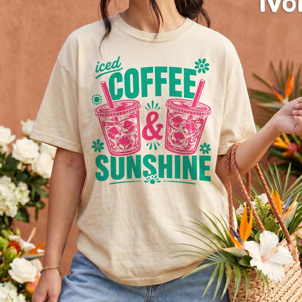 Comfort Colors® - Iced Coffee and Sunshine Shirt, Retro Summer Coffee Tee, Trendy Women's T-Shirt, Cute Coffee Lover Gift