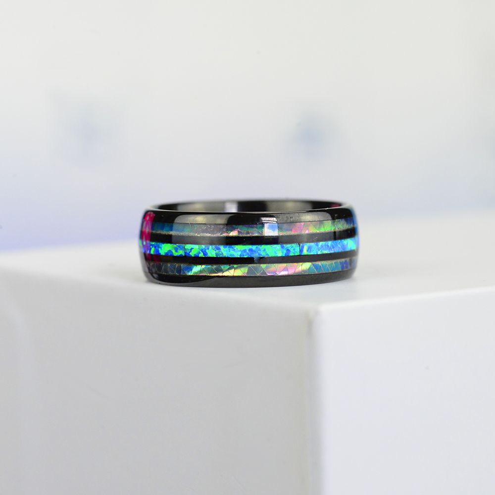 8mm Black Titanium Wedding Ring for Men Women Colorful Abalone Shell and Blue Opal Inlaid Ring Men Wedding Party Jewelry