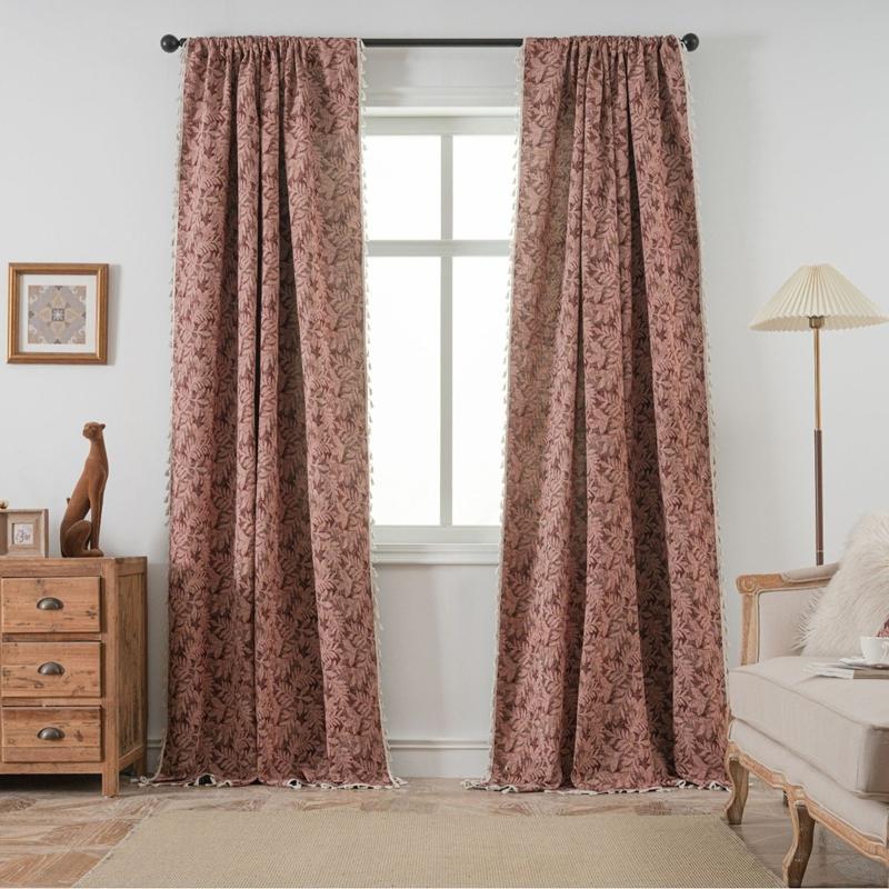 American Cotton Linen Curtains Red Holiday Jacquard Fringe Curtain Finished Kitchen Valance Bedroom Living Room Semi-shading
