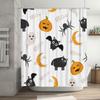 Halloween-themed shower curtain with cute patterns for bathroom decoration white background, pumpkin ghost cat bat moon design