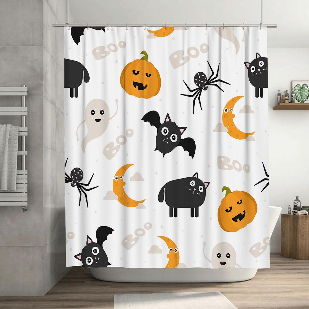 Halloween-themed shower curtain with cute patterns for bathroom decoration white background, pumpkin ghost cat bat moon design