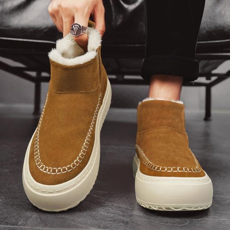 Men's Winter Retro Snow Boots Outdoor Thick Fleece Lined Warm High Top Cotton Shoes Thick Sole Height Boosting Cold Resistant