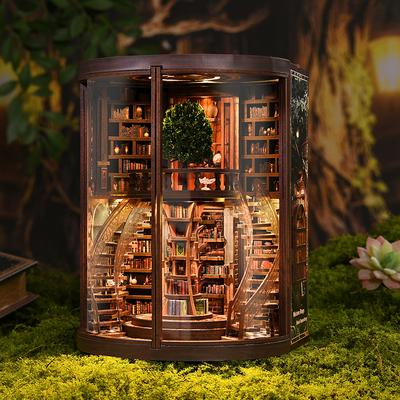 DIY Wooden Book Nook Figurines Miniatures Wisdom Rings Books Repository Bookend for Friends Birthday Gifts Home Decor Crafts