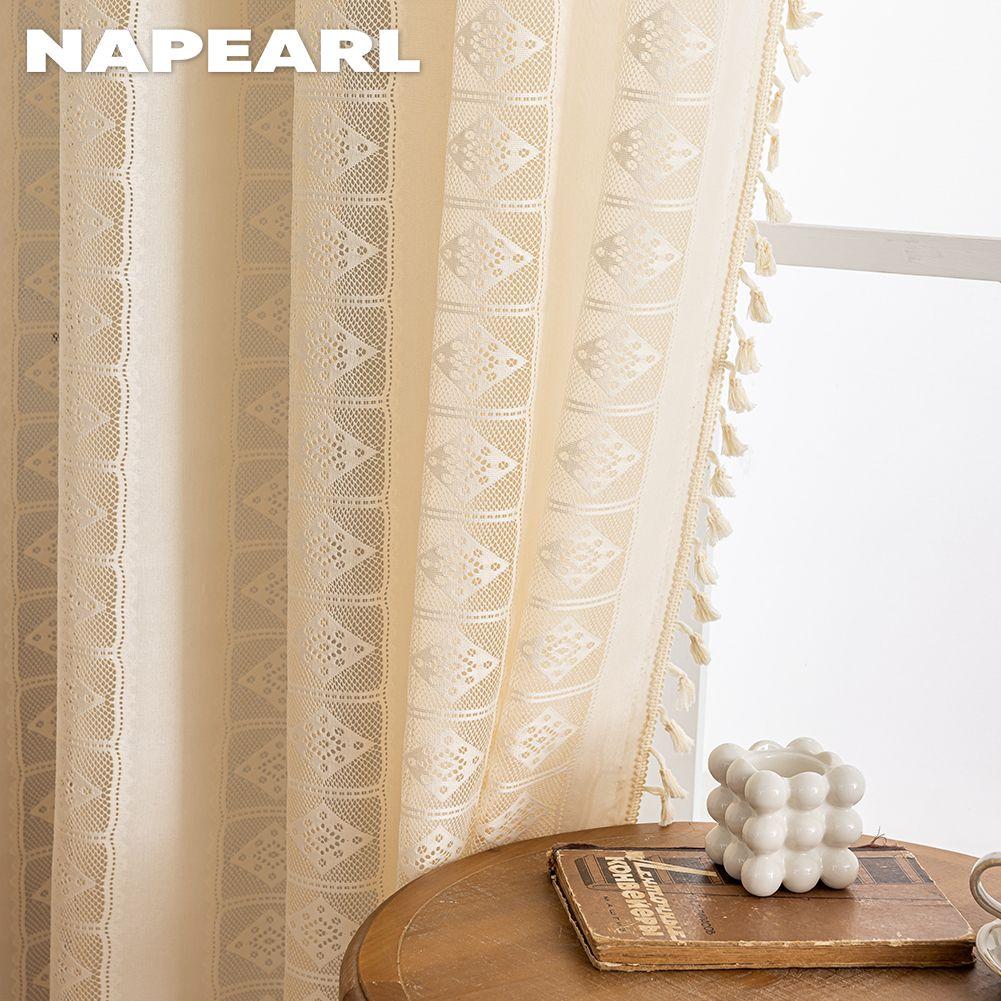 1PC NAPEARL Bohemian Style Jacquard Curtains Tassel Edge Rod Pocket Type Sheer Curtain for Living Room Bedroom Balcony Window Home Decor