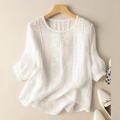 Womens Summer Embroidery 3/4 Sleeve Casual Cover Up Blouse
