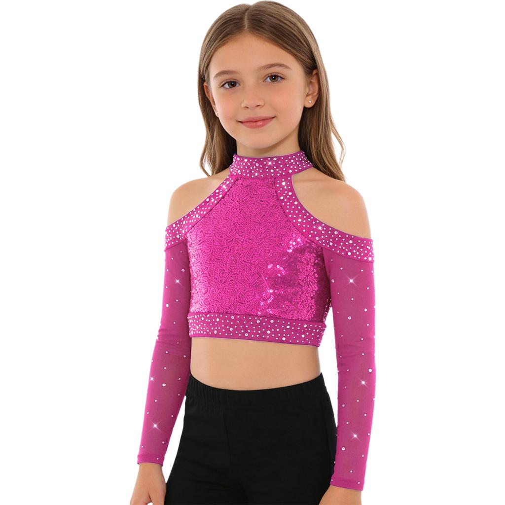 Girls Shiny Sequins Crop Top Long Sleeve Back Neck Press Buttons Closure Dance Shirt