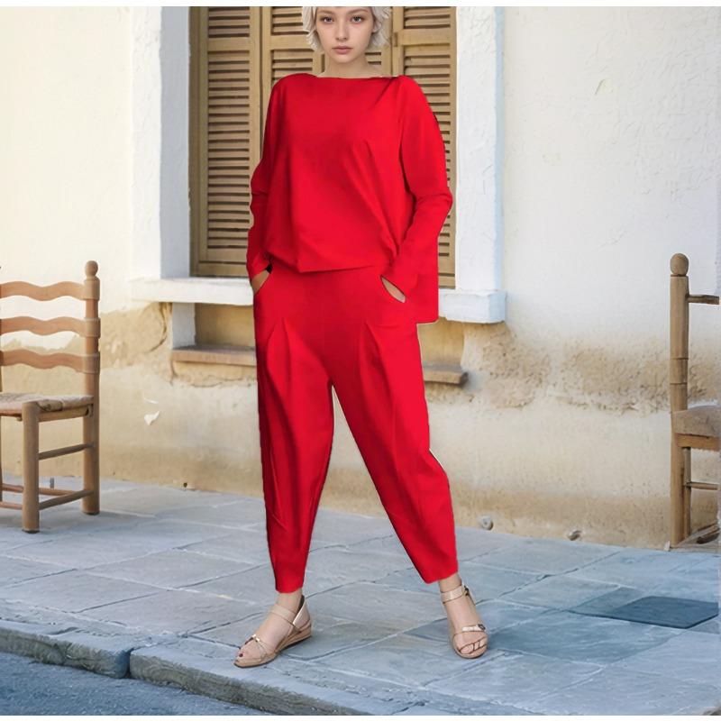 Modisches Rundhals-Langarm-Freizeithemd Zweiteiliges lockeres Hosenset Herbst Einfarbig Übergröße Hosen mit Taschen Hosenanzug Damenbekleidung 1846