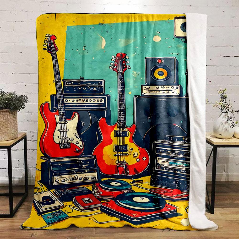 A Colorful Arrangement of Guitars, Amplifiers, Speakers, and Turntables. for All Seasons Blanket Lunch Break Throw Gift