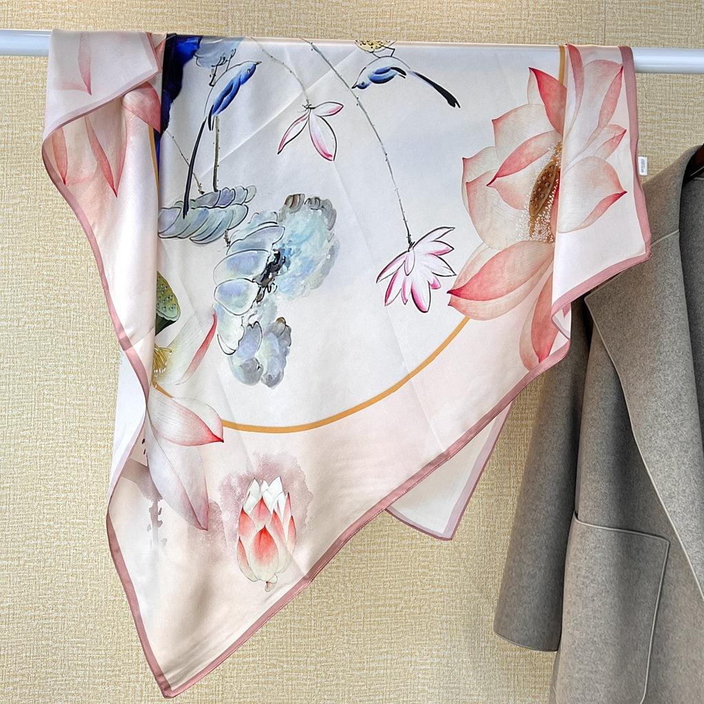 Silk Scarf, National Style Poetic Lotus 100% Mulberry Silk Silk Scarf, Spring And Autumn Versatile Scarf 90 Square Scarf