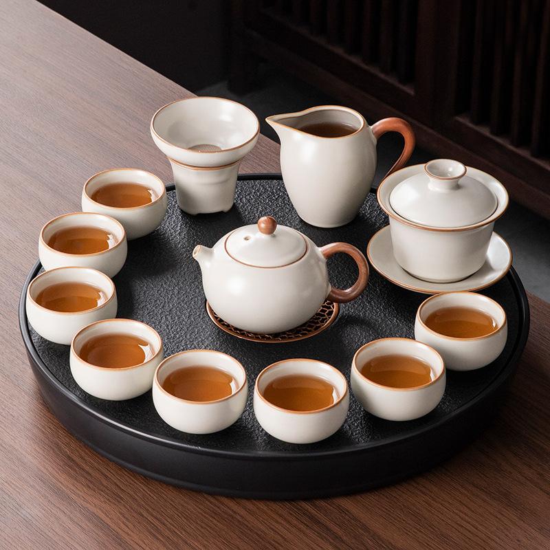 

Beige Ru Kiln Ceramic Kung Fu Tea Set Home Office Guest Making Tea Special Teapot Teacup with Tea Tray