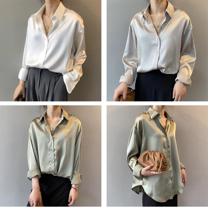 Spring Fashion Button Up Satin Silk Shirt Vintage Blouse Women White Tops Lady Long Sleeves Female Loose Street Shirts