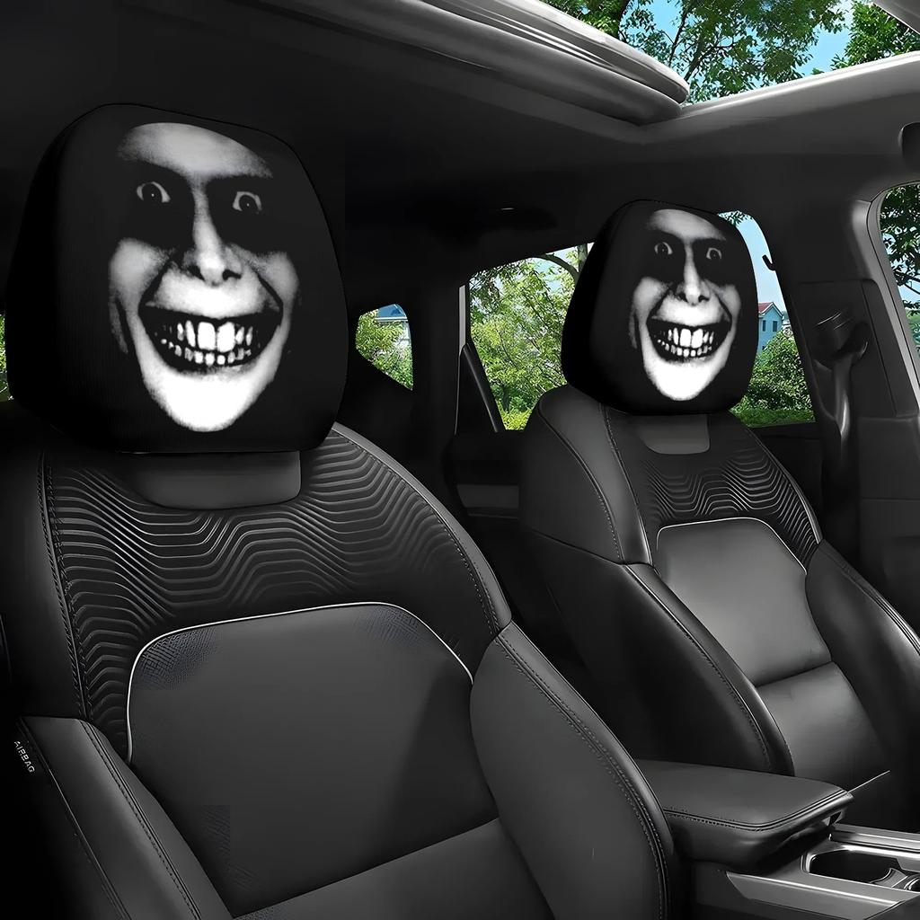 2pcs Horror Theme Printed Pattern Car Headrest Protective Cover, Comfortable and Fashionable Car Seat Headrest Protective Cover