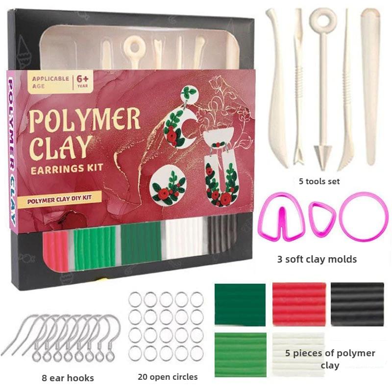 Non-Toxic Non-Sticky Polymer Clay Earring Kit Art DIY Oven Bake Modeling with 8 Clay Tools and Accessories Gift for Kids Adults