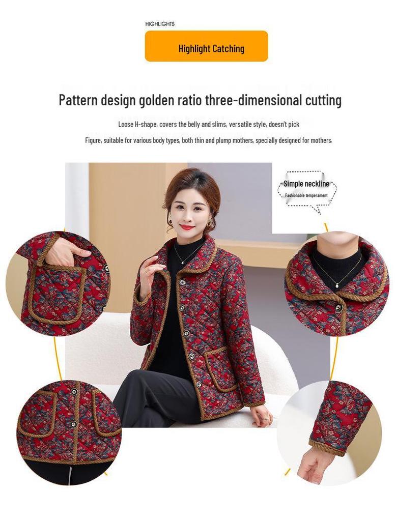 Mom's Winter Coat: Floral Print, Fleece-Lined Quilted Jacket for Mid-aged & Elderly Women - 2025