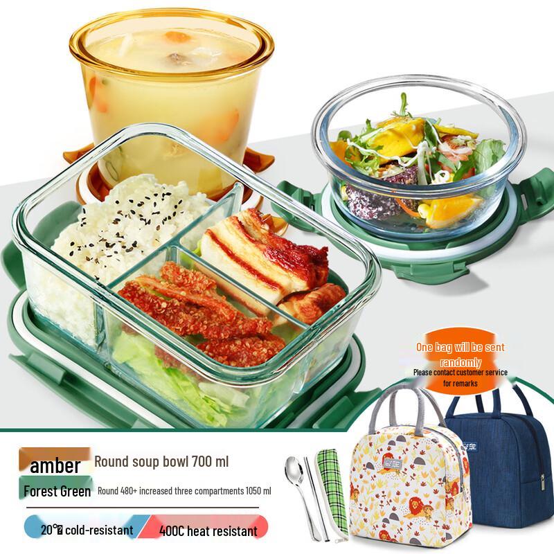 Microwaveable Glass Lunch Container Set Green, 3-Compartment (1050ml + 700ml Soup + 480ml)