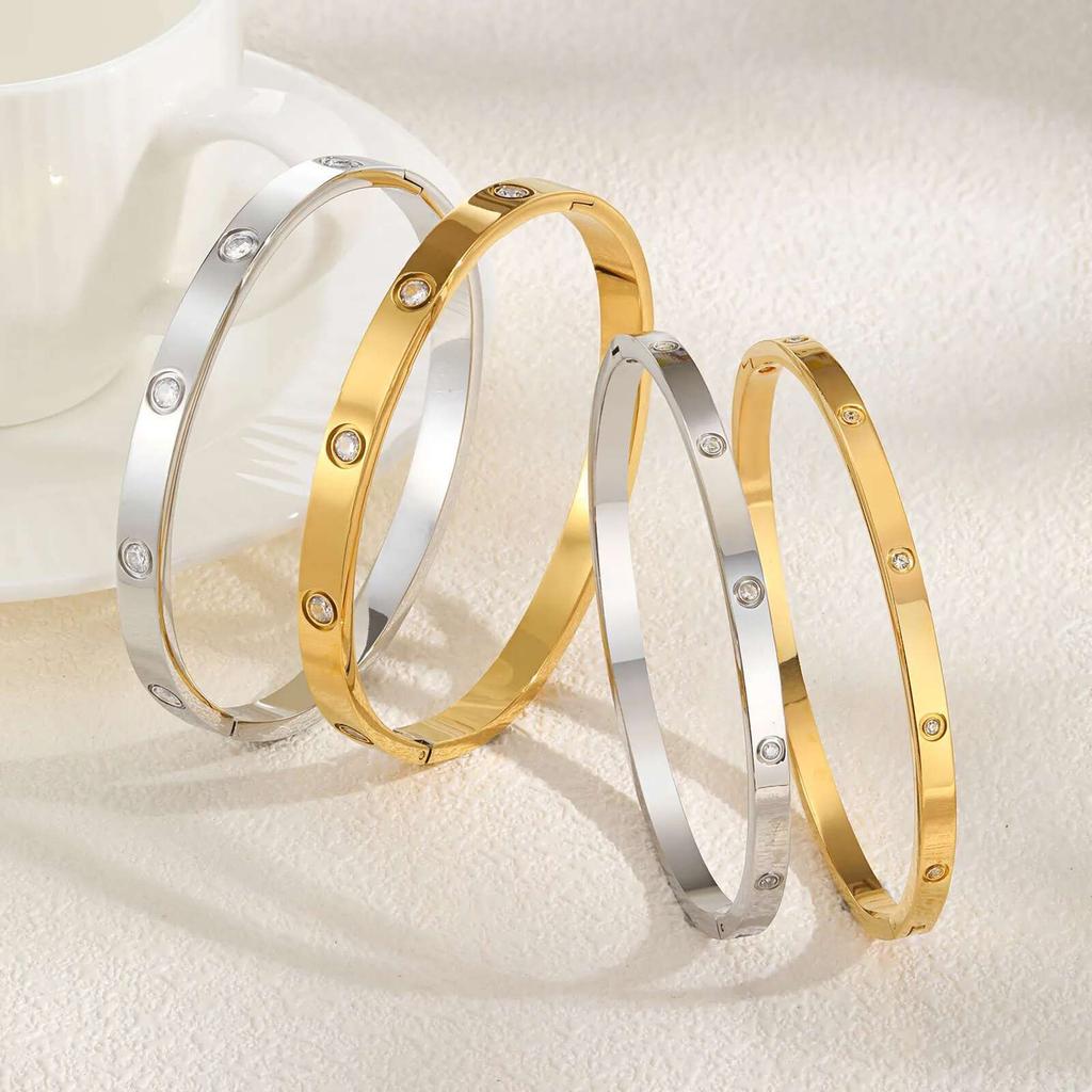 Prjewel Waterproof Luxury Bangles Round Zircon for Women Stainless Steel Wrist Brackets Hand Jewelry Mother's Day Gift