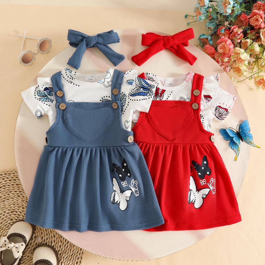 Summer Baby Girl Dress Set: Butterfly Heart Romper, Corduroy Suspender Skirt & Hairband