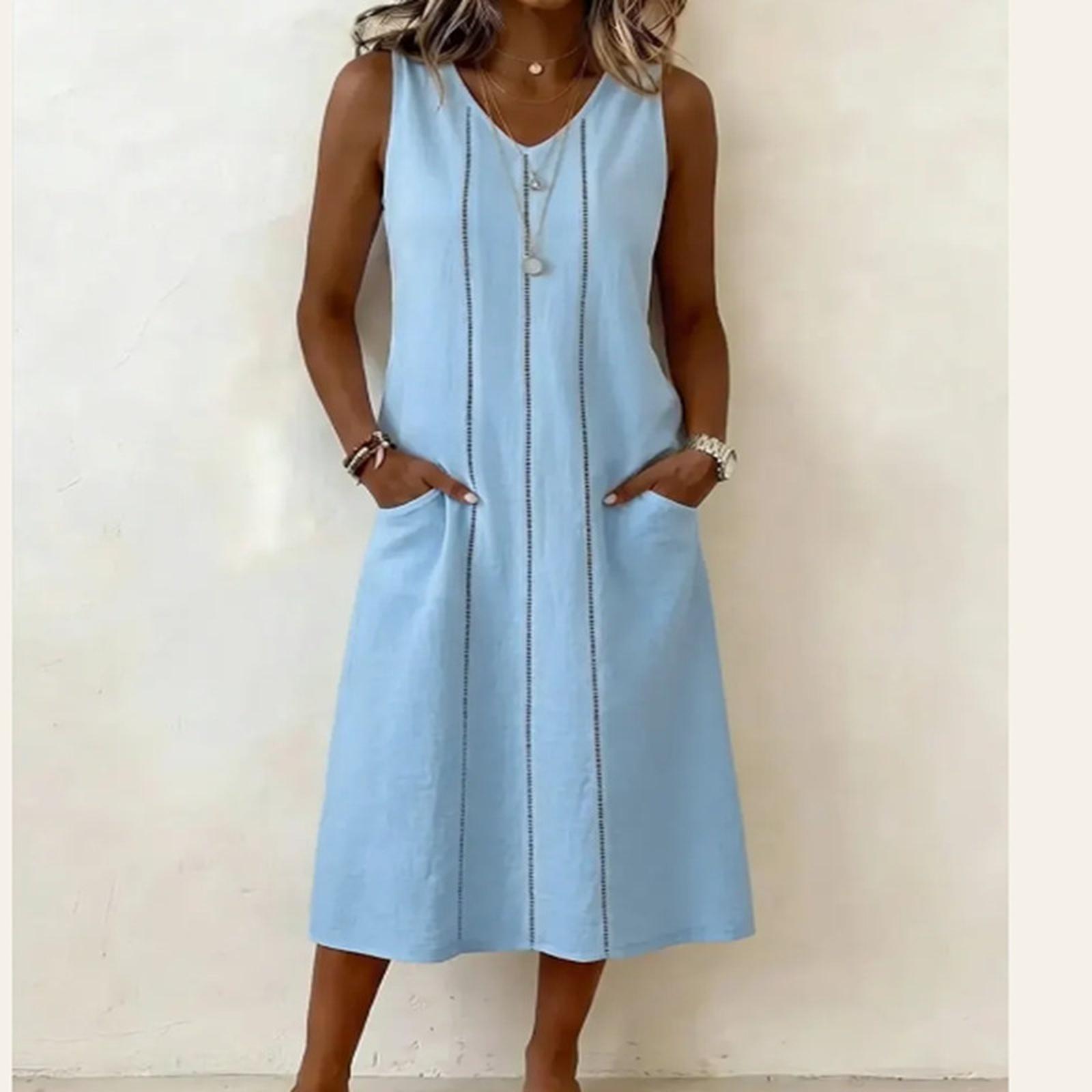 

Модное женское платье с V-образным вырезом, без рукавов, с кружевным карманом, из хлопка и льна XXL