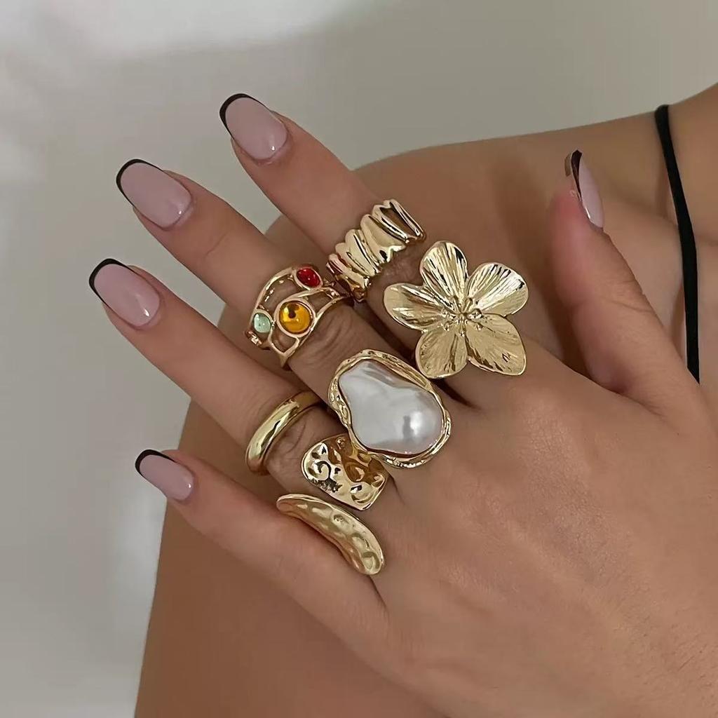 Set of 6 Alloy Rings for Women Adjustable Size Various Designs Including Floral Pearl and Textured Styles Fashion Jewelry Accessories