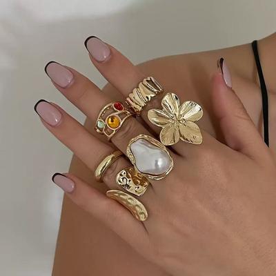 Set di 6 Anelli in Lega per Donna Design Aperto Regolabile Varie Forme e Texture Gioielli Moda Accessori