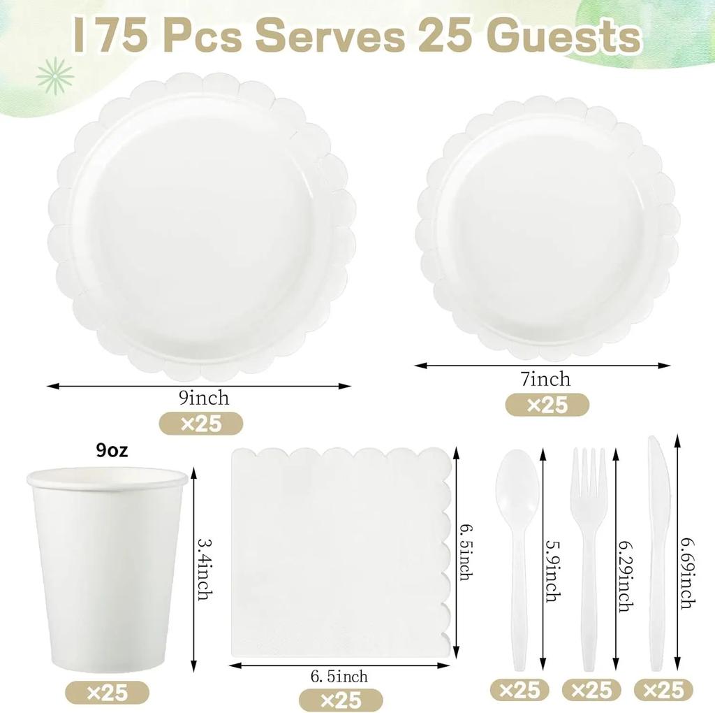 2025 New 175 PCS Lace Disposable Paper Plate Paper Cup Party Supplies Set Disposable Dining Plate for 25 People