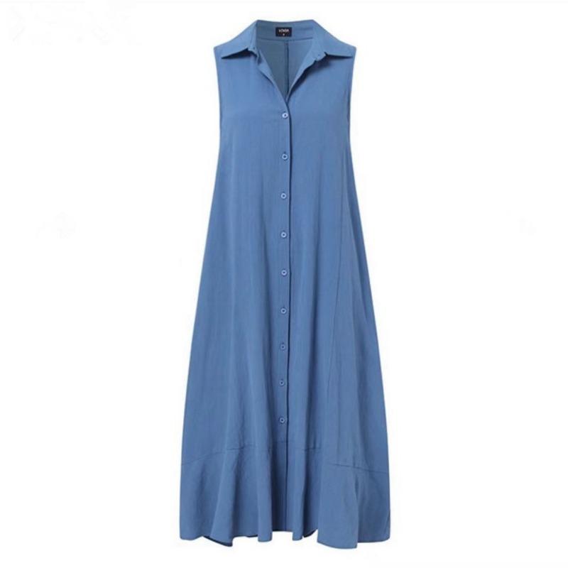 Collare Senza Maniche Cotone Lino Ampio Swing Abito Lungo per Abbigliamento da Donna Abiti Casual