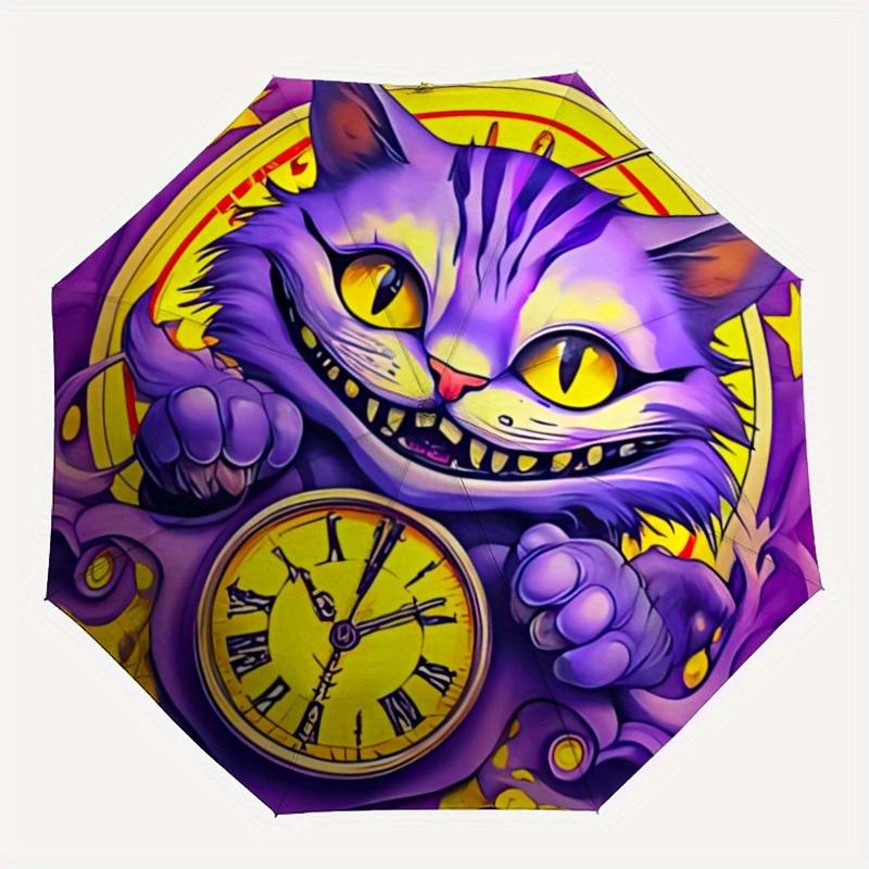 

1pc Cat Clock Automatic Open/close Folding Compact Umbrella, 8-Rib Sturdy Canopy, Lightweight Portable, Everyday Use, Gift, Outdoor Umbrella, Travel E