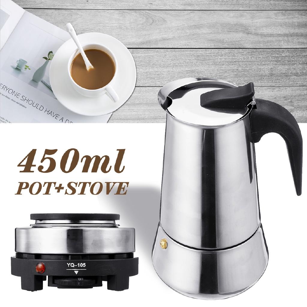 9 Cups 450ml Stainless Steel Moka Coffee Maker Pot Percolator + Stove