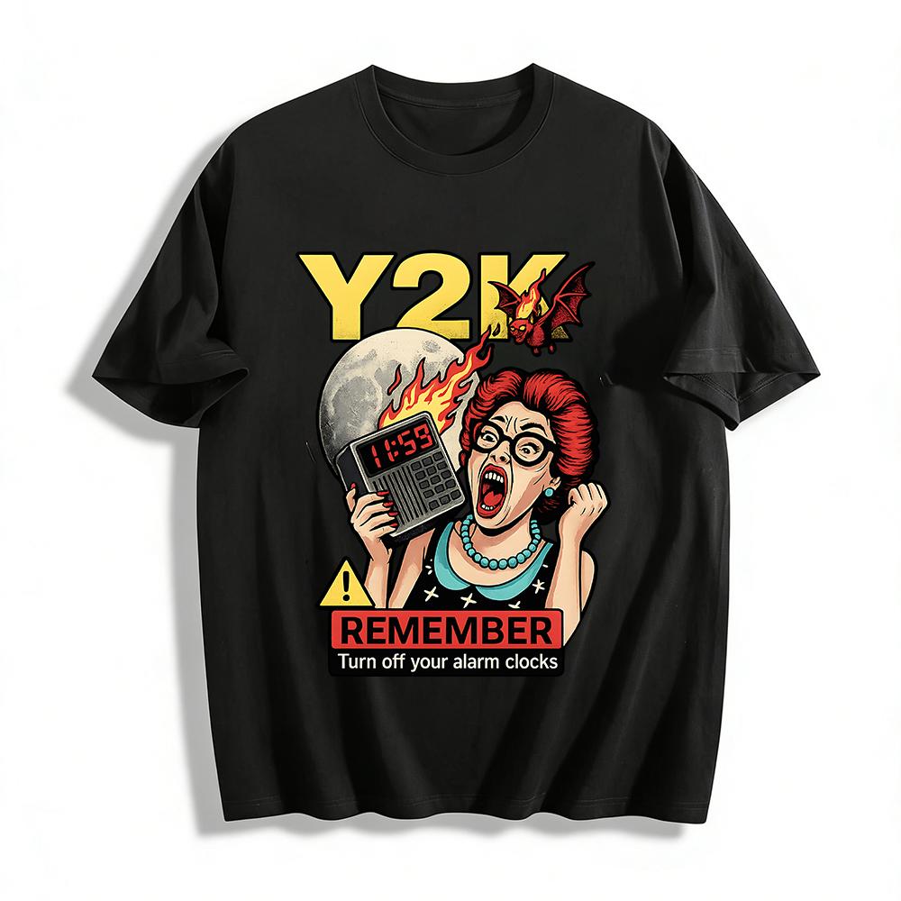 

Y2K Nostalgia Remember Turn Off Alarm Clocks Graphic Tee Retro Millennium Panic Casual Top Pure cotton T-shirt 6XL