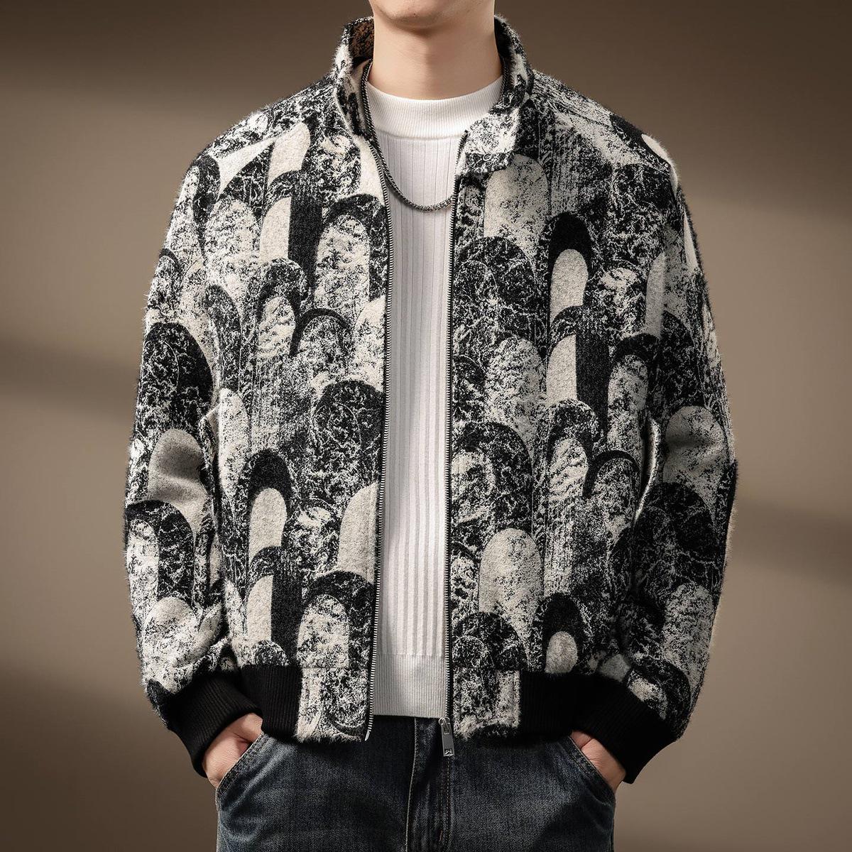 

High-End Men s White Duck Down Jacquard Stand Collar Winter Jacket - Trendy, Warm, Casual, Loose Fit L (130-150 lbs)