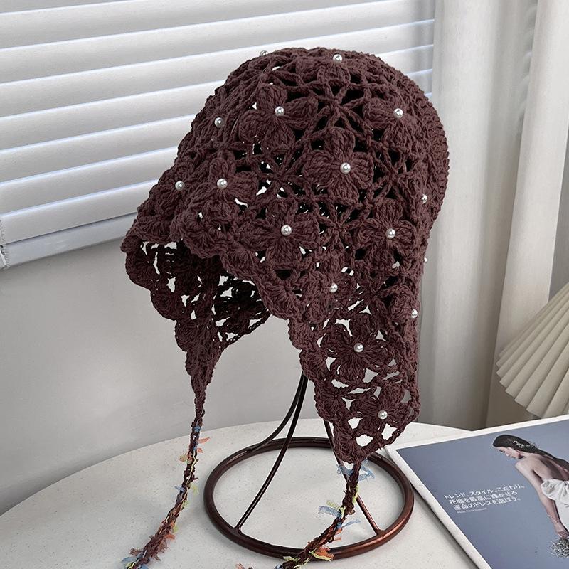 New handmade hollow knitted wool hat women's spring and autumn thin breathable face small ethnic style fringed pullover hat