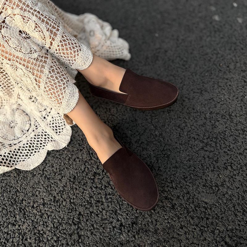 Johnature Retro Handmade Cow Suede Loafers Versatile Round Toe Soft Soled Women's Flat Slip-on Shoes
