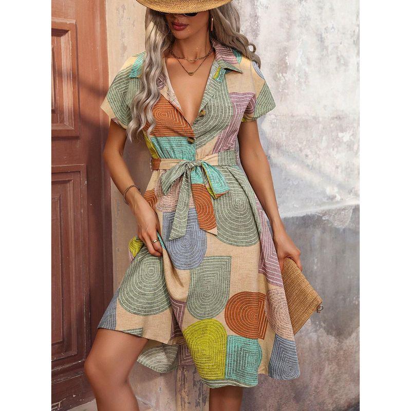 

Модный ветер Модный элегантный принт V-образный вырез Короткий рукав Платье с контролем талии Богема Праздник Вечеринка Пляжная юбка Shallow Apricot S