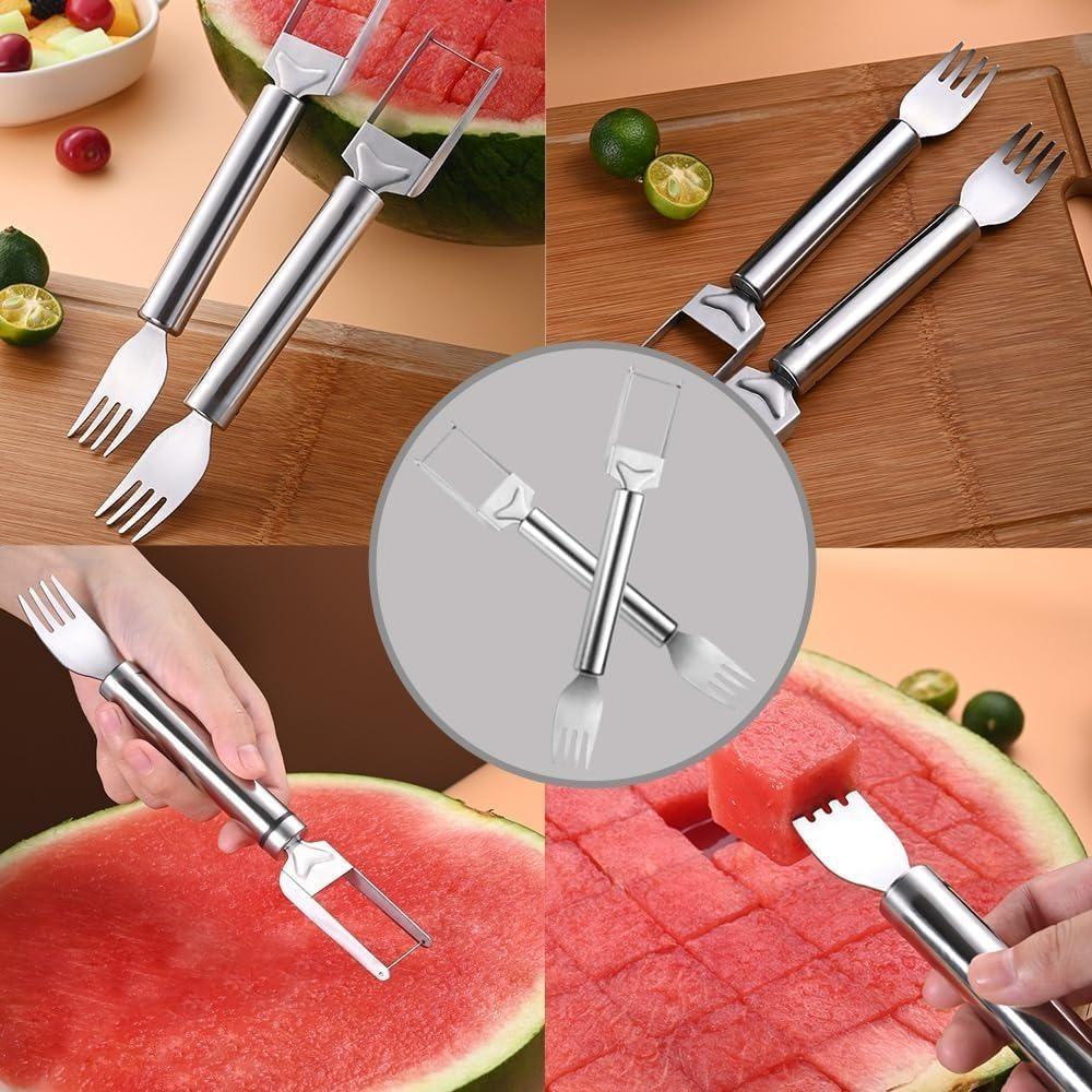 2-in-1 Stainless Steel Watermelon Cutter, Watermelon Slicer, Fruit Watermelon Cutting Tool, Double Head Stainless Steel Watermelon Cutter & Fruit Fork