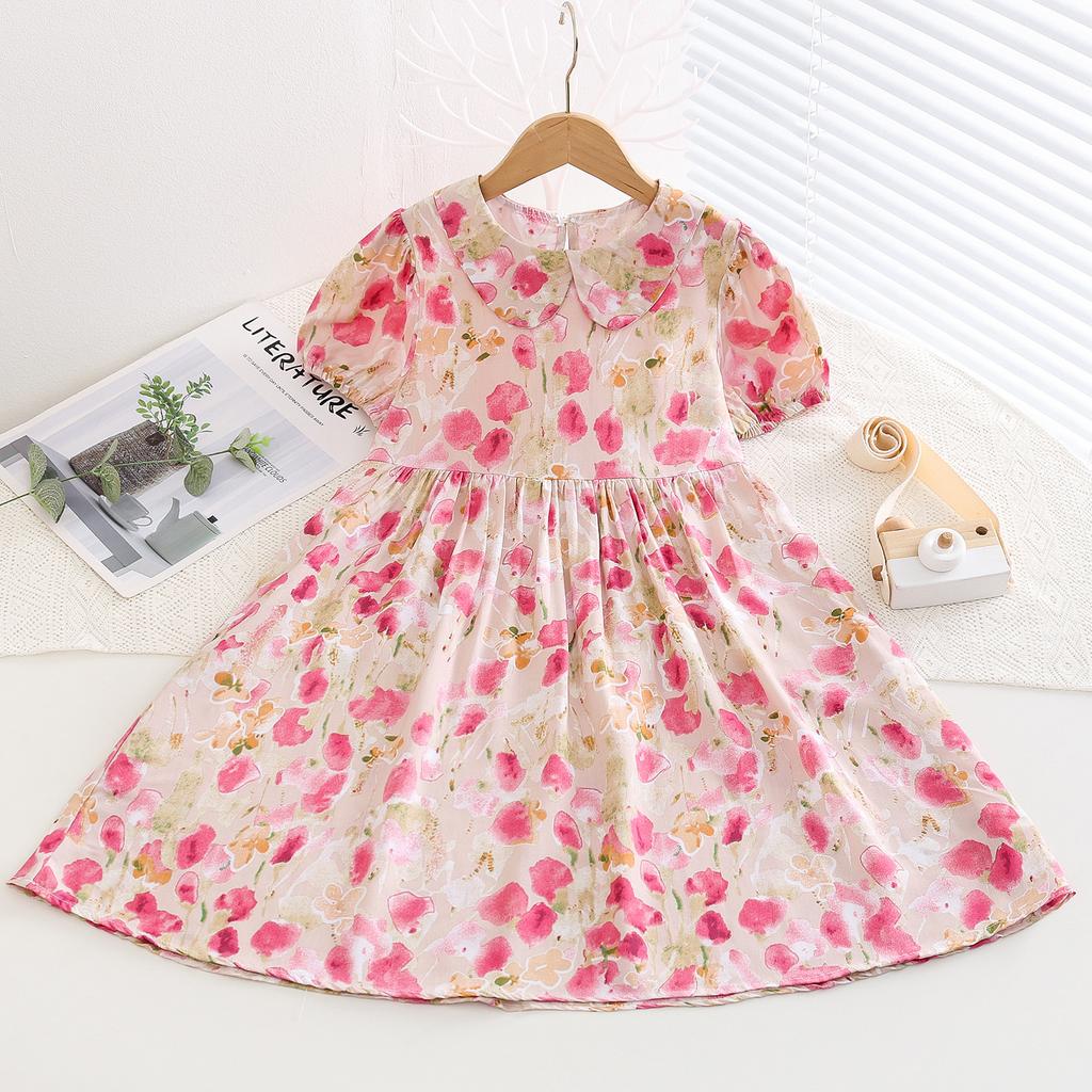 Resort Style Children's Clothing Summer Style Children's Cotton Silk Doll Collar Princess Dress Girls Artificial Cotton Floral Dress