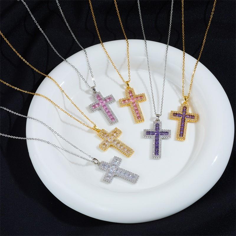 Stainless Steel Plated Pendant Necklace Women With Crystal Zircon Cross Charm Fashion Minimalist Locket Chain Jewelry