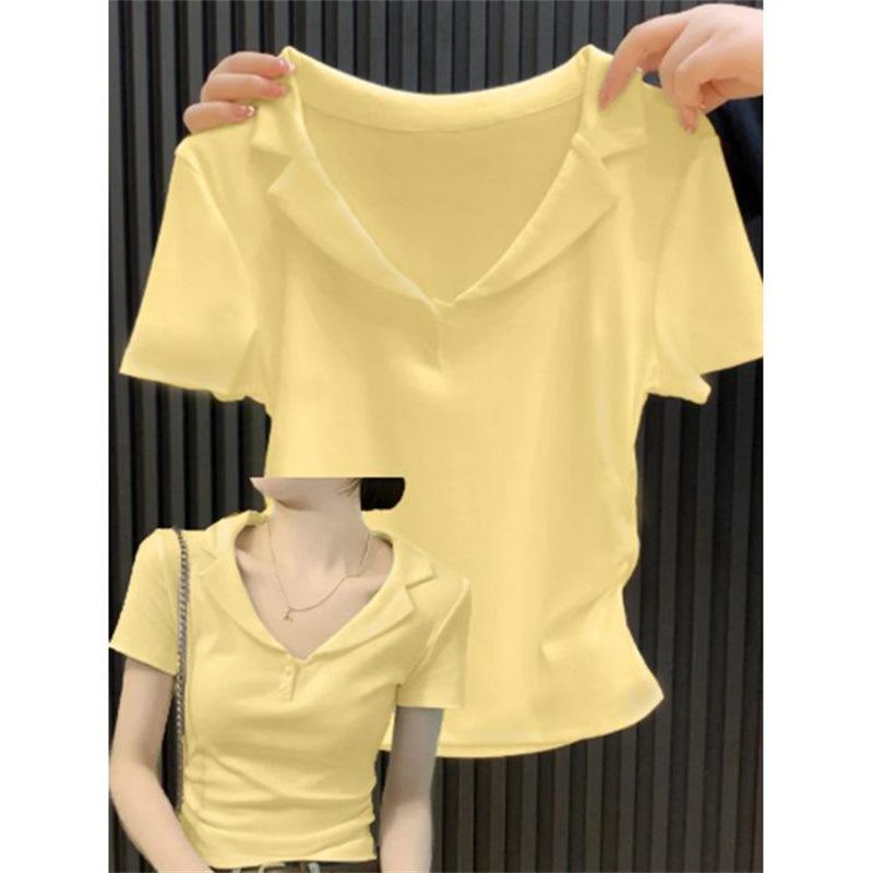 Cotton Ribbed V-neck POLO Shirt Short-sleeved T-shirt Women's Summer Slim Fit with Short Pleated Waist Half-sleeved Top Tide