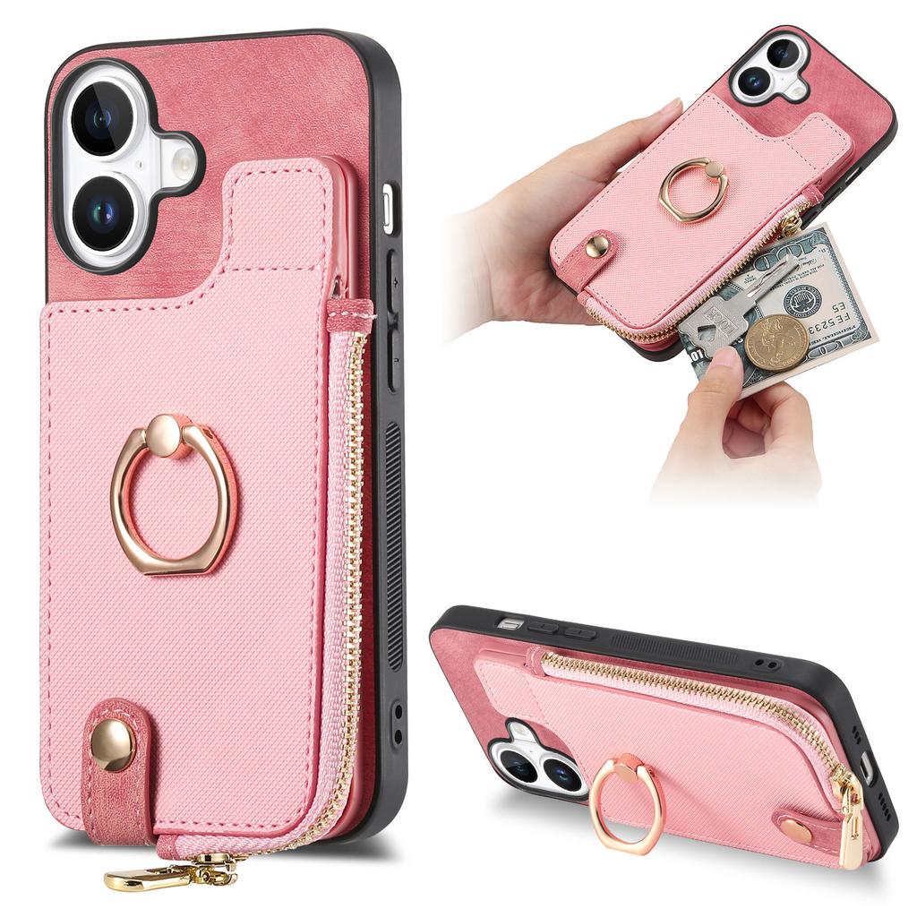 For iPhone 16 Plus Case Zipper Pocket Kickstand Leather Phone Back Cover