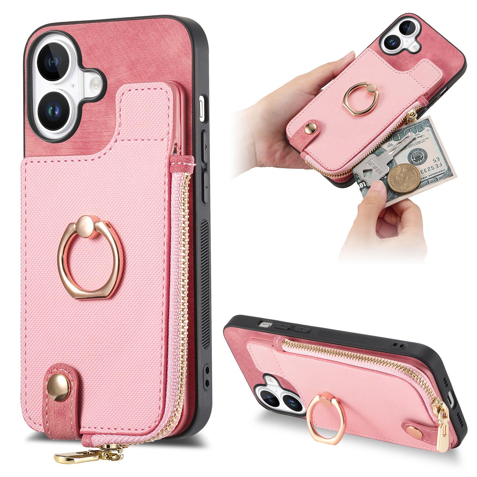 

For iPhone 16 Case Zipper Pocket Kickstand Leather Phone Back Cover Pink