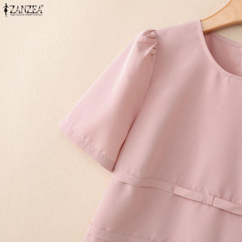 ZANZEA Women Casual Round Neck Solid Color Loose Half Sleeve Blouse
