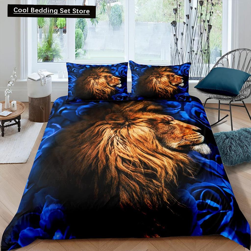 Rei Leão Rainha Capa de Edredom Conjunto de Cama Animal Relâmpago Leão Dourado 2/3 Peças Capa de Edredom Cinza Preto Dourado Poliéster Capa de Edredom