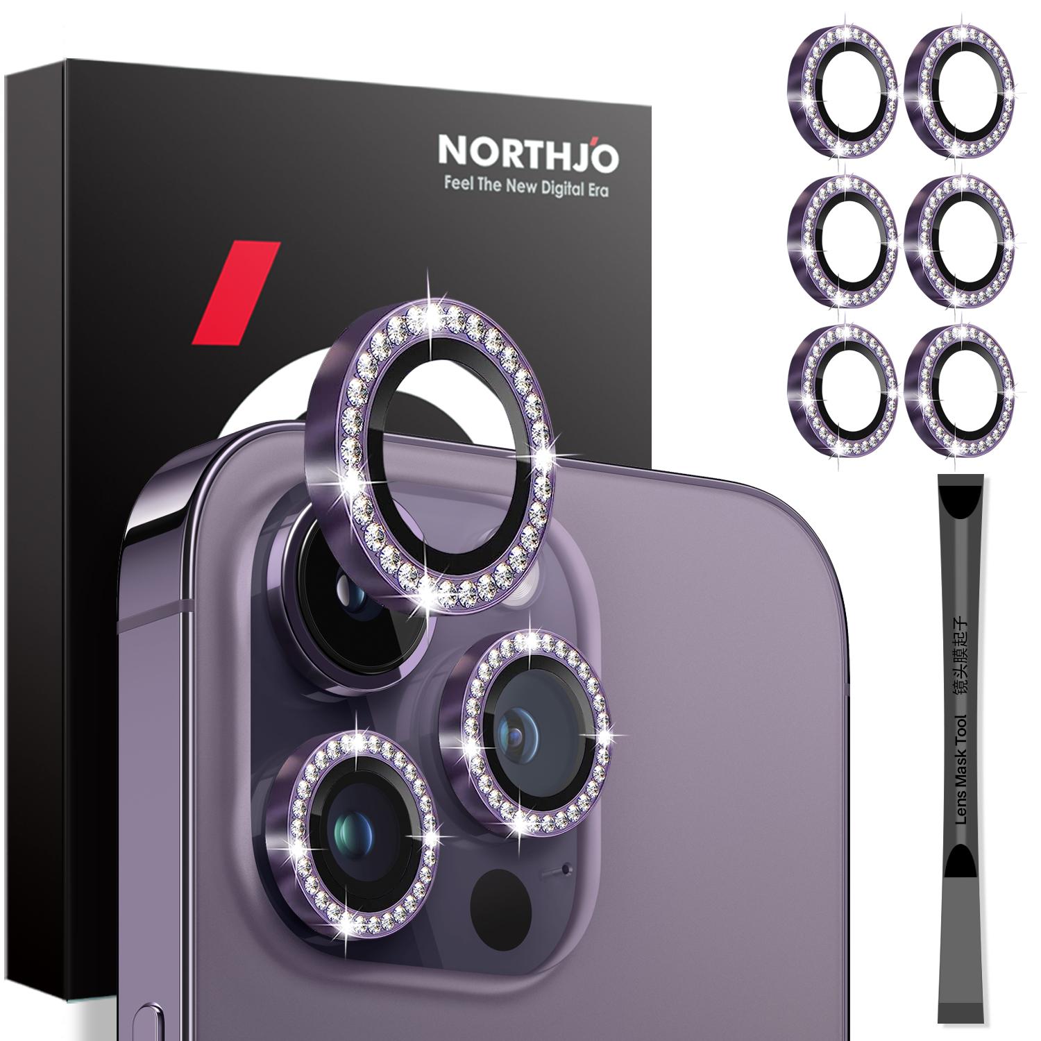 

NORTHJO 2 Sets for iPhone 15 Pro/15 Pro Max/14 Pro/14 Pro Max Lens Protector Rhinestone Ring Tempered Glass Lens Film Purple