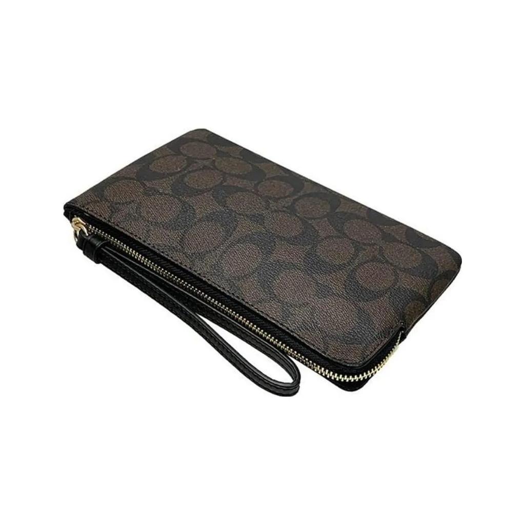 COACH Corner Zip Canvas Leather Pochette Clutch Small Women's Black Brown (Unisex) Clutches 6648 IMAA8