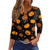 Damen V-Ausschnitt Knopf Halloween Dreiviertelarm T-Shirt Top