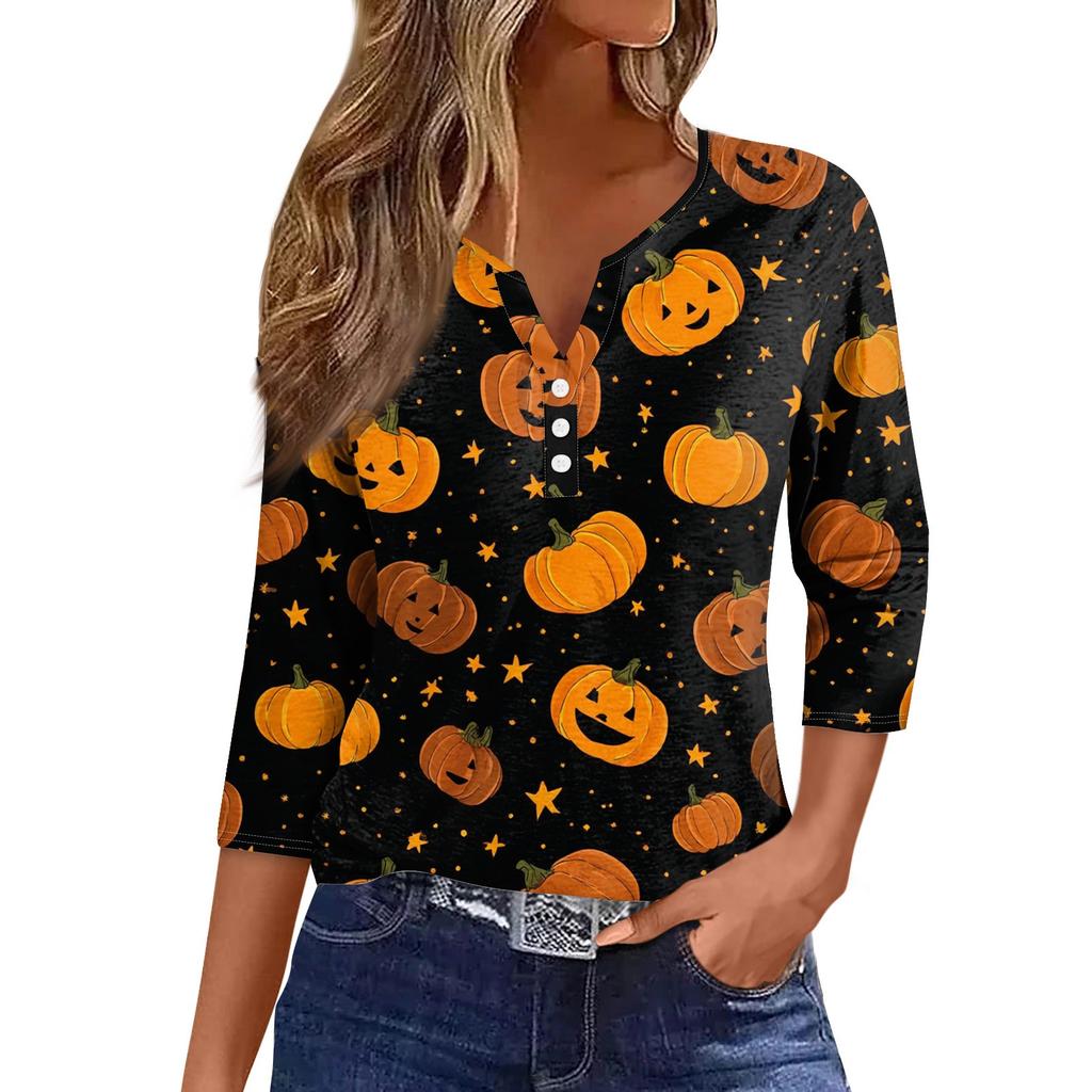 Damen V-Ausschnitt Knopf Halloween Dreiviertelarm T-Shirt Top