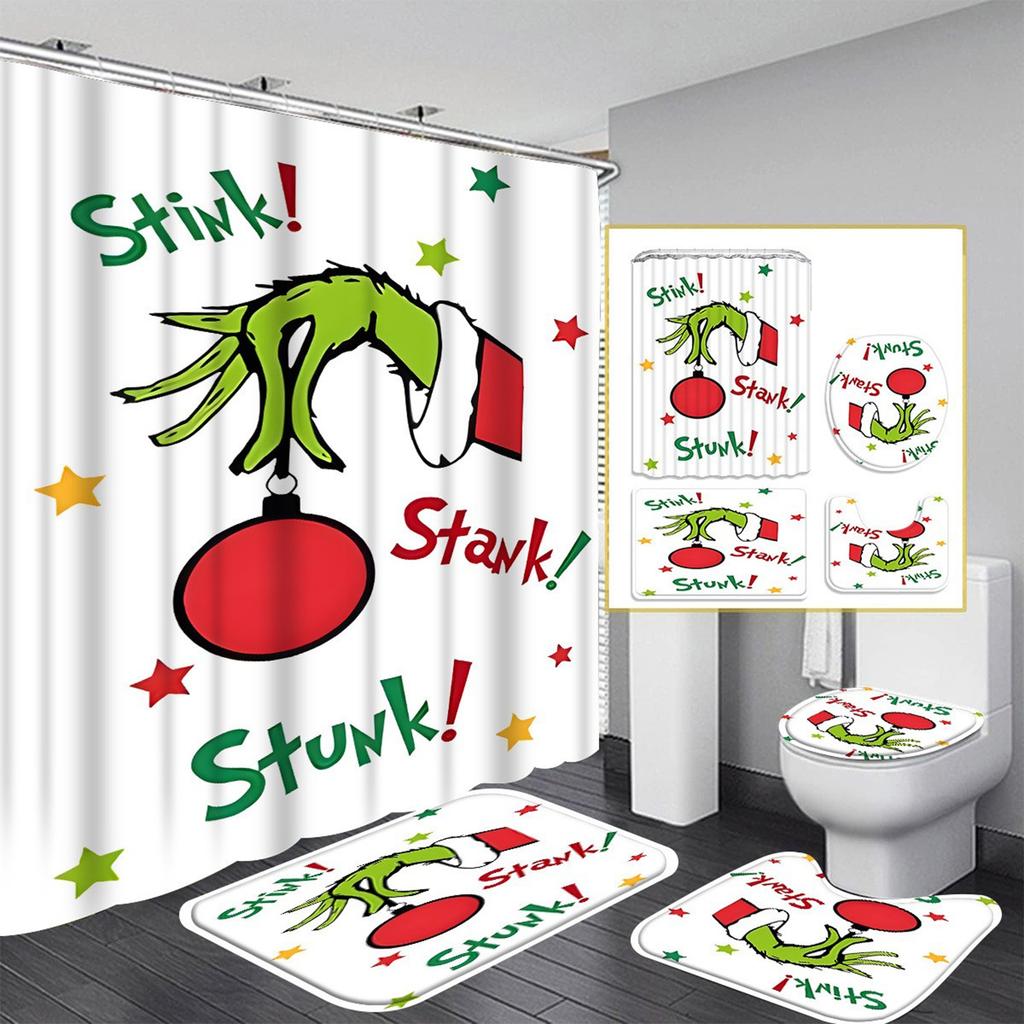 Christmas Green-Haired Pattern Shower Curtain Four-piece Set With 12 Hooks Polyester Waterproof Shower Curtain.